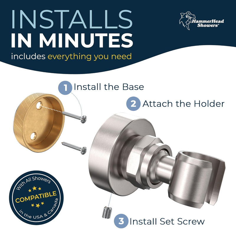 HammerHead Showers® ALL METAL Handheld Shower Head Holder Wall Mount – BRUSHED NICKEL – Adjustable Screw Mounted Shower Wand Holder with Pivot Ball – Shower Hose Holder Fits Most Handheld Shower Heads