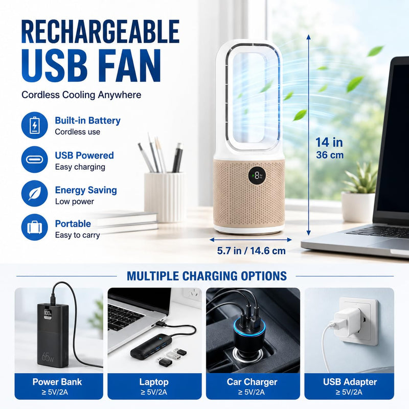 Bladeless Desk Fan, USB Rechargeable, Quiet, 9 Speeds, 60° Oscillation 13 inches