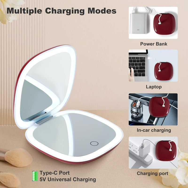 Mocado Compact LED Travel Makeup Mirror - 4 Inches 1X/10X Magnification Travel Mirror with Light Dimmable Double Sides Lighted USB Rechargeable Compact Mirror for Purse,Pocket,Travel(Wine Red) Wine Red