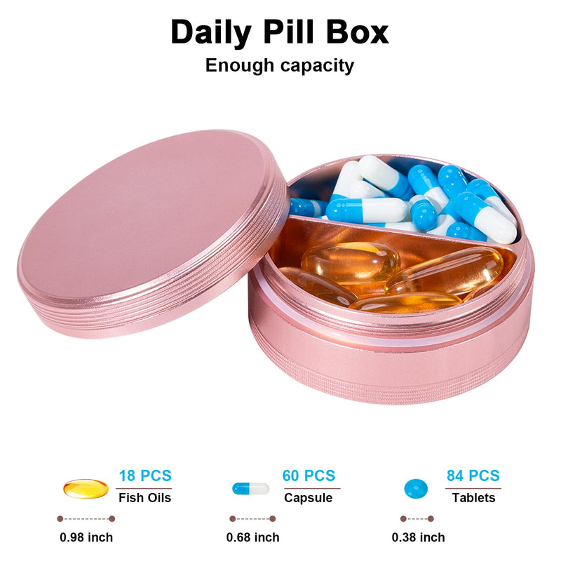 Metal Pill Case 2 Compartment - Waterproof Pill Box for Daily Travel, Pocket Purse Pill Container Holder Compact Medicine Organizer for Vitamins Fish Oils Medication Pink