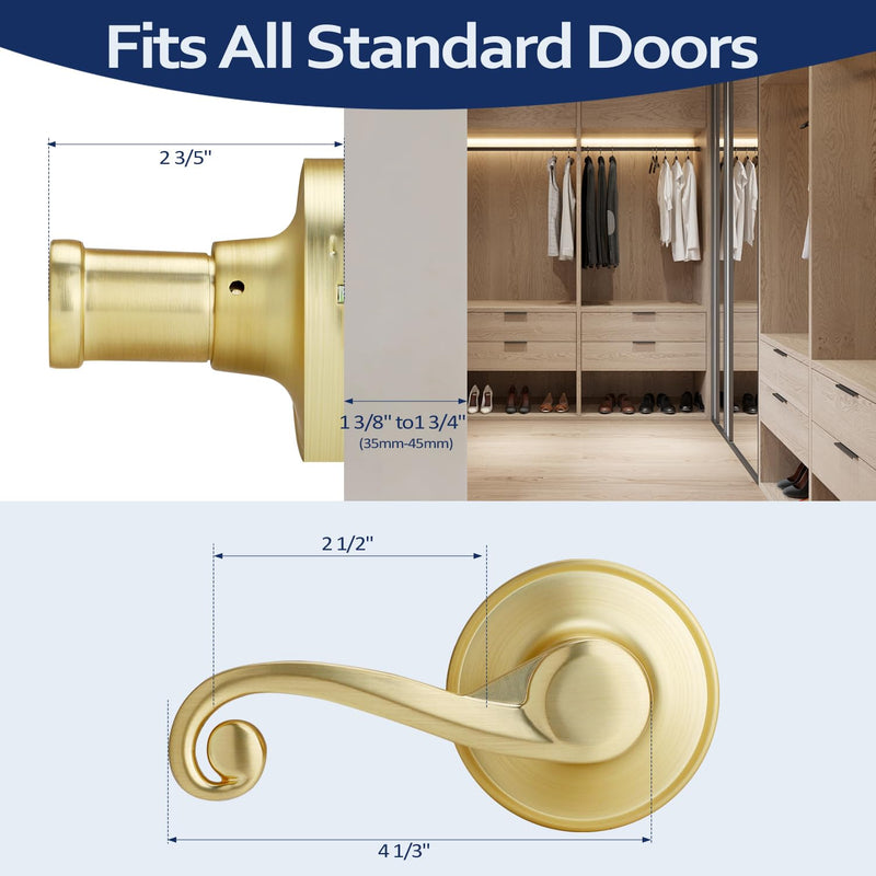Gold Door Lever 2 Pack, Non-Turning Dummy Door Levers, Left-Sided, Closet/Pantry Door Handle, Wave Design Dummy - Left-sided