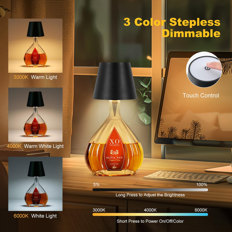 Wireless Bottle Lamp, 2024 New 3 Color Rechargeable Wine Bottle Lights for Bars Restaurants (Black, 1PC) Black