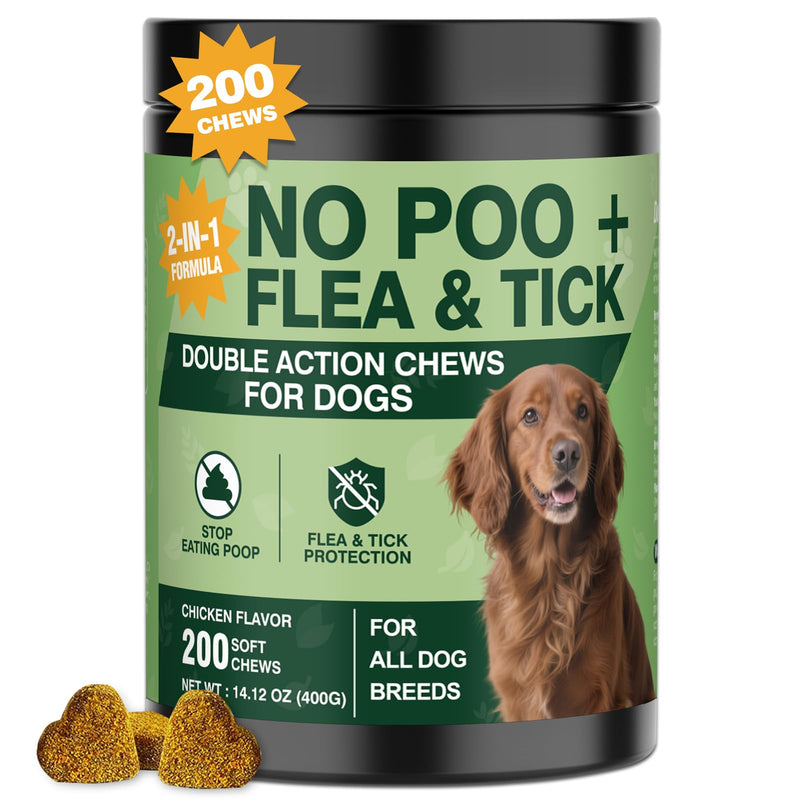 200 Chews Flea and Tick Prevention Chews-No Poo Chew for Dogs-2 in 1 Control Coprophagia & Flea Tick Supplement-Natural Soft Treats Deterrent Eat Poop with Digestive Enzymes Probiotics-Chicken Chicken