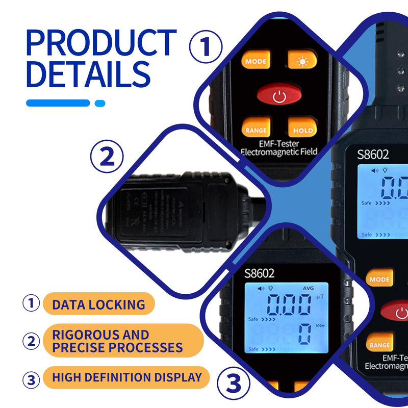 EMF Meter,3 in 1 Digital Electromagnetic Field Radiation Detector,S8602 EMF Detector,EMF Reader Tester,EMF Inspection,Ghost Hunting Equipment Kit for Home Office Outdoor