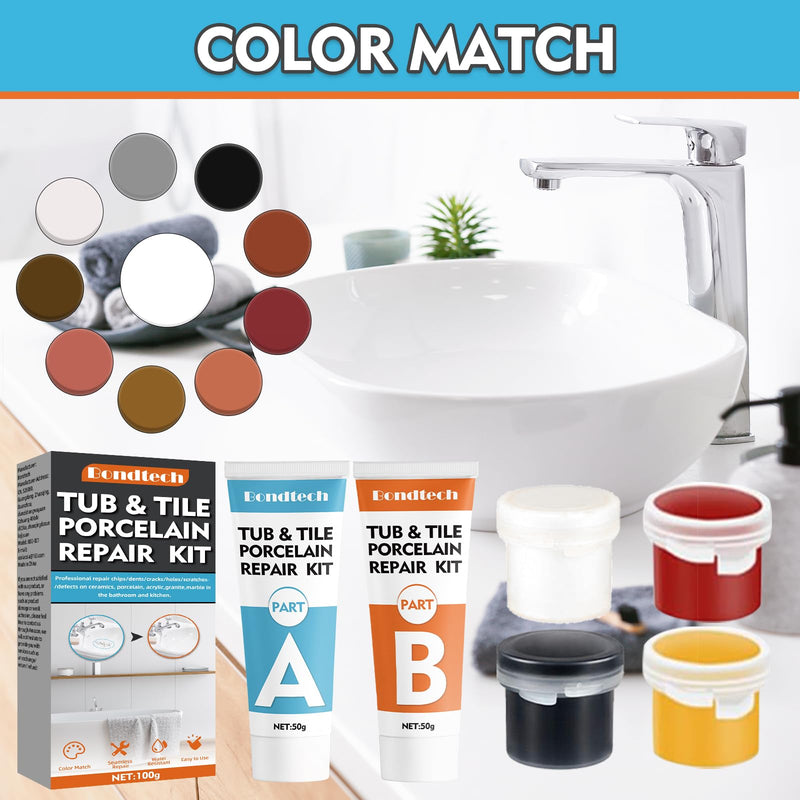 Bondtech Porcelain Repair Kit, White Bathtub & Tile Repair Kit, for Tub, Enamel, Fiberglass, Acrylic, Porcelain, Ceramic, Marble, Granite, Chips, Dents, Cracks, Hole (100) 100