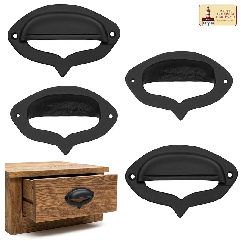 Mystic Colonial Medieval Cast Iron Drawer Cup Pulls Set of 4, Rustic 3 Inch Black Finish Cabinet Handles with Screws for Drawers, Cabinets and Furniture