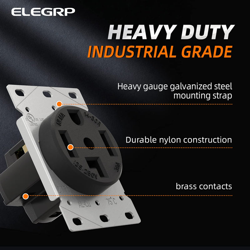 ELEGRP 30 Amps 125/250V Dryer Outlet, Flush Mounting Power Outlet, NEMA 14-30R, Straight Blade Heavy Duty Dryer Receptacle, Grounding, 3 Pole 4 Wire, UL Listed, 1 Pack NEMA 14-30R Outlet