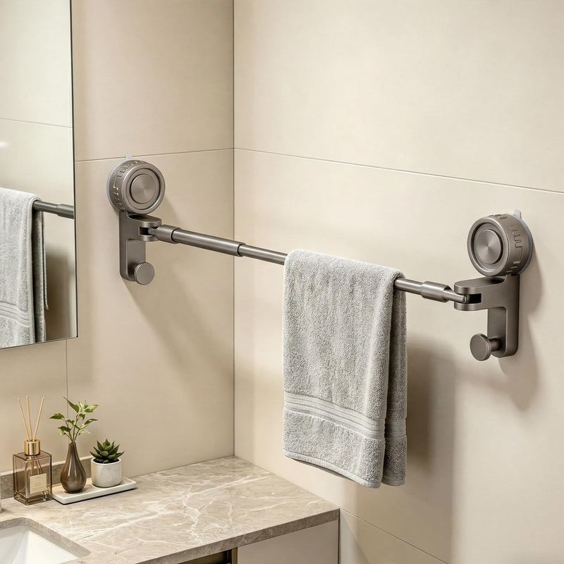 Adjustable Suction Cup Towel Bar for Bathroom Wall, 20-34" Extendable Carbon Steel Towel Racks, Space Saving Grey Bath Towel Holder with Hooks, No-Drill Mounted (20-34IN, 1-Tier) 20-34IN