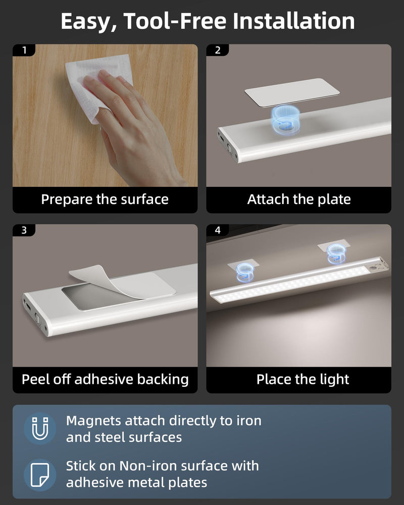 14.5inch Under Cabinet Lights, Wireless Closet Light, Motion Sensor, 3500mAh Rechargeable Battery, Magnetic, 3 Color Temps, 5 Levels Dimmable, Under Counter Lights for Kitchen (2 Pack) 14.5inch 3 Color Light