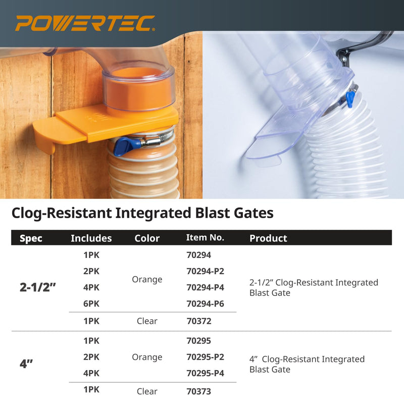 POWERTEC 70295-P2 4-Inch Integrated Blast Gate Clog Resistant, Anti Gap Tapered ABS Plastic Fitting for Dust Collection Systems, 2PK 4", 2PK