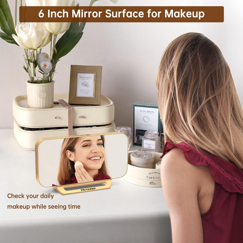 Peakeep Slim Digital Mirror Aesthetic Alarm Clock for Bedrooms Desk Decor - Plug in Electric Big LED Modern Small Clock for Office Living Room, Battery Backup, 6 Dimmers (Gold) Gold With Mirror