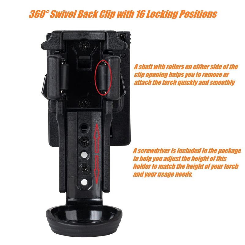 Quick Release Flashlight Holder w/MOLLE Vest Clip Tactical Torch Holster Carrier Rotatable Light Carry Case Stand fit 1"-1.25" Diameter Flashlight for Police Leo Security Military Patrol MOLLE Vest Clip