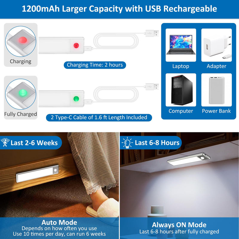 30-LED Motion Sensor Under Cabinet Lights, Magnetic Rechargeable Under Counter Closet Light, Wireless Night Light Bar Stick-On, 2-Pack, Cool White 8 inch