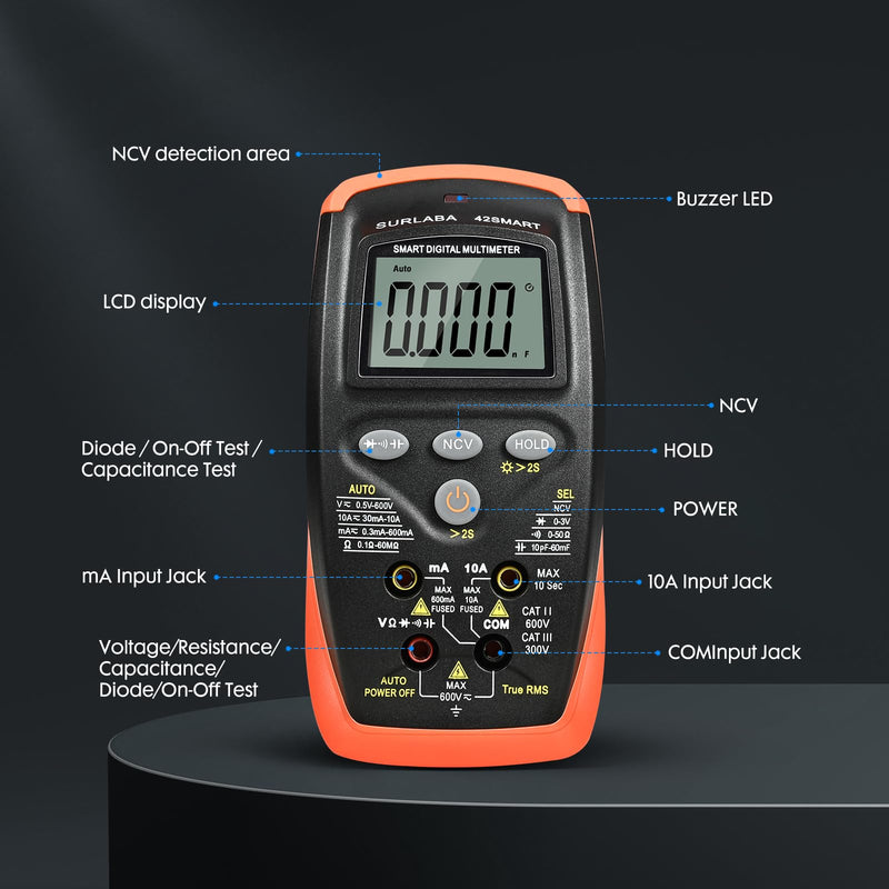 Digital Multimeter, TRMS 6000 Count Auto-Ranging DC AC Voltmeter Ohm Volt Amp Tester for Voltage Current Resistance Capacitance Continuity NCV, Tests Diode with Test Probes for Electricians 42SMART