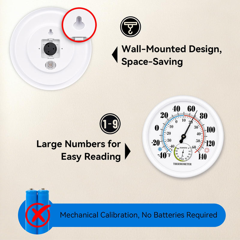 Outdoor Thermometer Waterproof, 10 Inch Large Wall Mount, Easy to Read Outdside Thermometer Hygrometer, Analog Temperature Humidity Gauge for Indoor, Patio, Garden, Garage, White