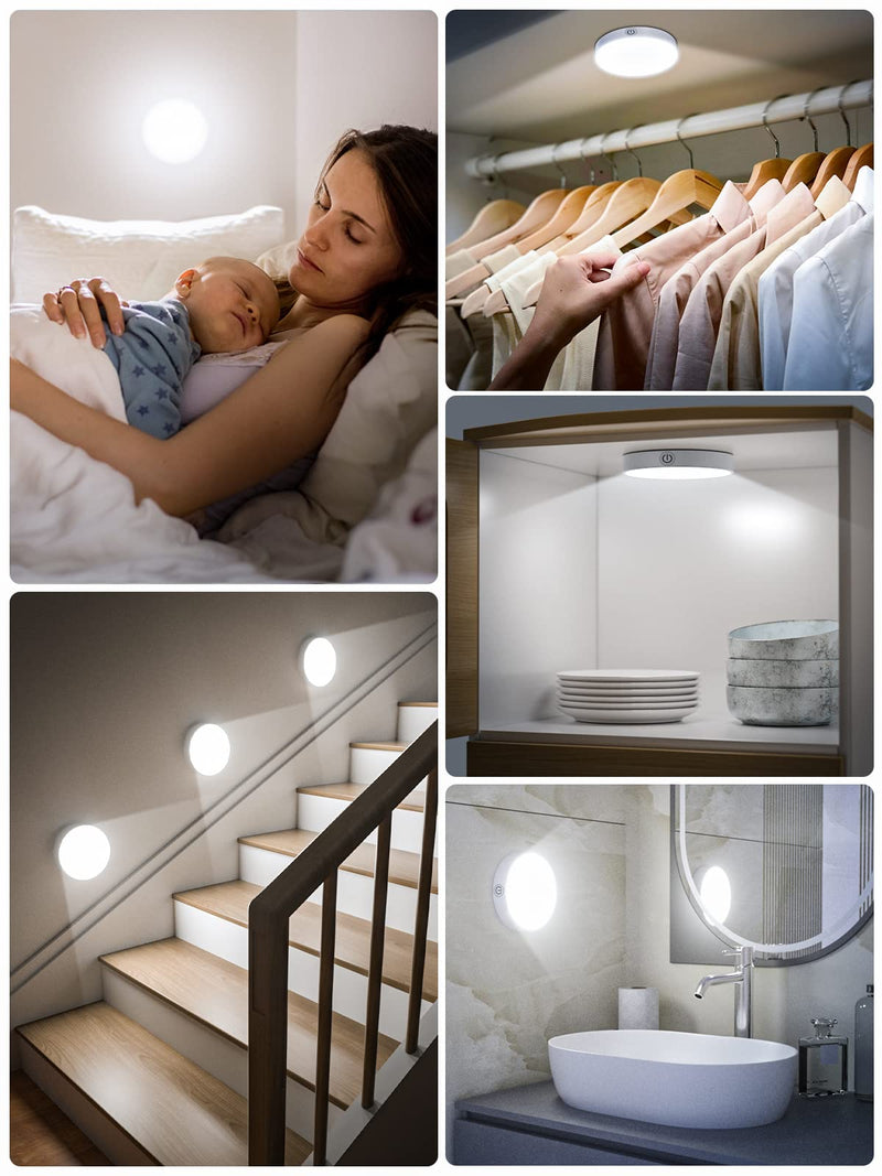 WILLED Dimmable Touch Light Buit-in 1000mAh Large Battery Rechargeable LED Tap Lights | Magnet Stick on Closet Portable Puck Night for Cabinet, Wardrobe, Counter, Kitchen, Bedroom White Pure White 6000K