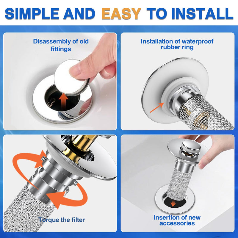 Bathroom Sink Stopper Hair Catcher, Pop-up Sink Drain Strainer with Removable Stainless Steel Strainer Basket Hair Catcher, Bathroom Sink Strainer for Bathroom Sink Stopper Replacement. (2PCS) 2pcs