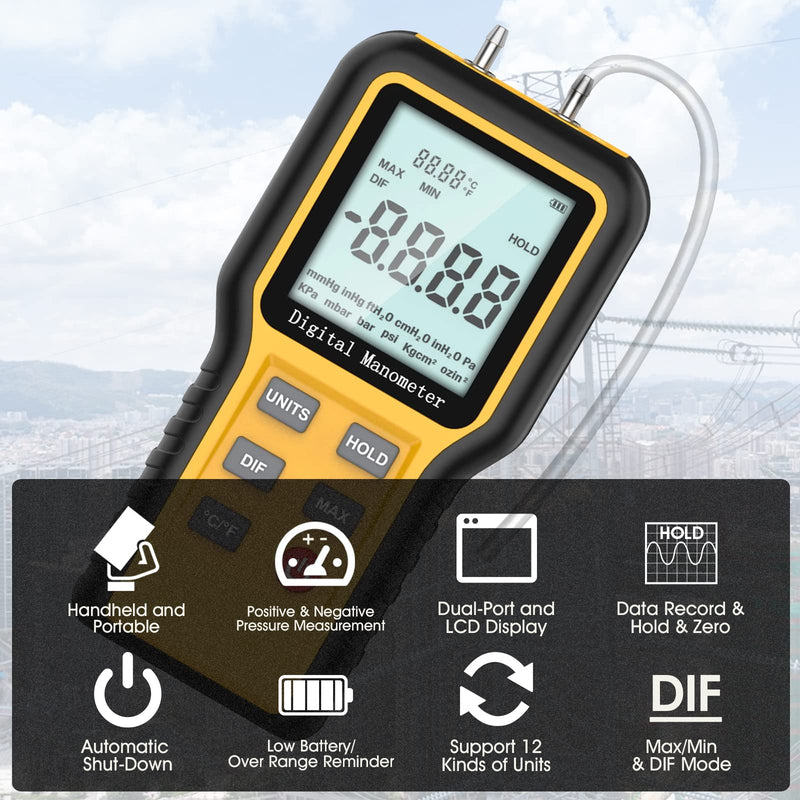 Manometer, Professional Air Pressure Meter, Dual-Port HVAC Digital Manometer Gas Pressure Tester,12 Selectable Units Differential Pressure Gauge