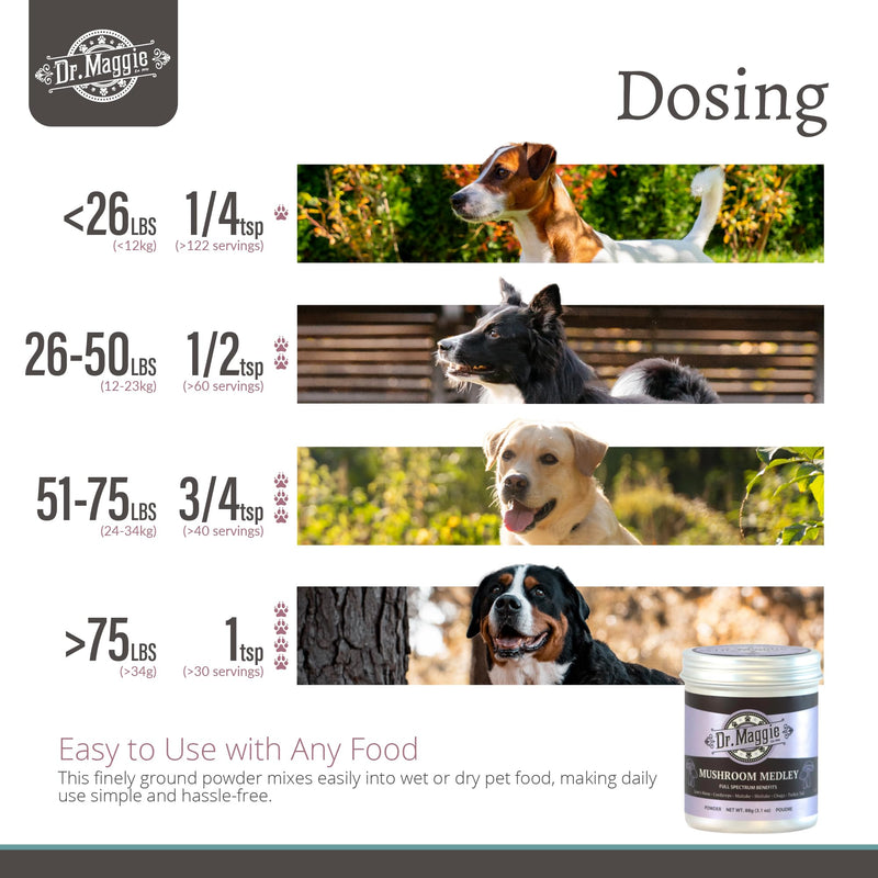 Dr. Maggie Mushroom Medley | Organic Mushroom Powder with Cordyceps Maitake Shiitake Chaga Turkey Tail and Lions Mane for Dogs and Cats | 88g