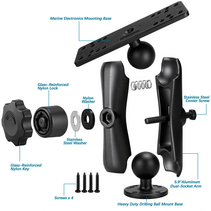 Aluminum Anti-Theft Knob Fish Finder Mount with 1.5" / C Size Ball, 5.9'' Long Arm Marine Electronic Mount,Saltwater Resistant Aluminum Bracket Compatible with Garmin, Lowrance and More Anti-Theft-Medium Sized