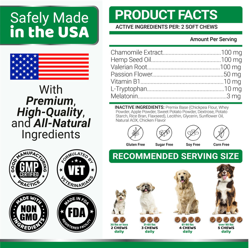 Hemp Calming Chews for Dogs - Advanced Dog Calming Chews - 170 Chews - Anxiety Relief Treats - Separation Aid, Barking, Stress Relief, Thunderstorms - Melatonin - Hemp Oil - Made in USA Hemp Calming Chews