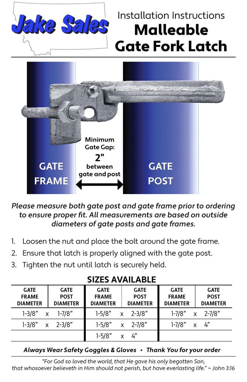 1-7/8" x 4" Chain Link Fence Gate Fork Latch - Commercial Heavy Duty - Malleable - Galvanized Gate Latch with Hole for Padlock 1-7/8" x 4"