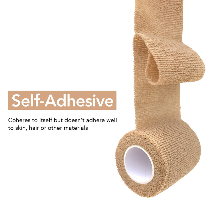 RISEN Cohesive Bandage 2” x 5 Yards, 6 Rolls, Self Adherent Wrap Medical Tape, Adhesive Flexible Breathable First Aid Gauze Ideal for Stretch Athletic Tan 6 Count (Pack of 1)
