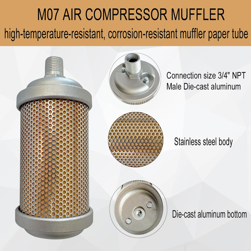 M07 Air Compressor Muffler 3/4" NPT Male, Air Exhaust Muffler Silencer for Compressor Dryer Compressed Air Equipment and Systems, Single Chamber 145 PSI, Muffler Replacement Part