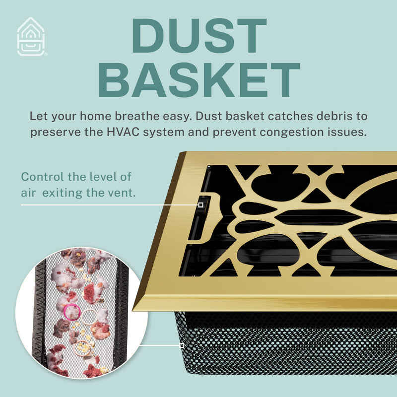 Home Intuition Victorian Floor Vent Cover 4X10 Inch Floor Register with Mesh Cover Trap Heat and Air Walkable Metal Floor Vent for HVAC Duct, Polished Brass
