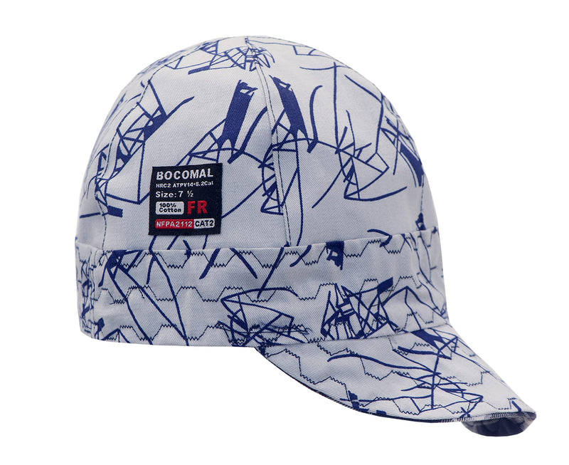 BOCOMAL Welding Cap Flame Resistant CAT2 Midweight Printed 6 Pannel Welder Caps-2 Pack 7 3/8 White/Navy-2 Pack