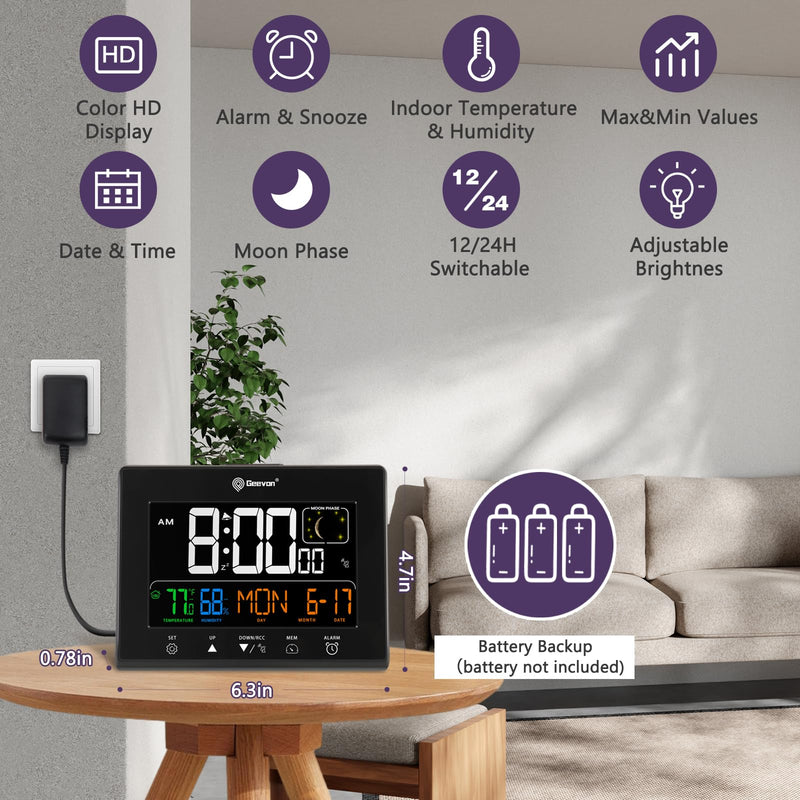 Geevon Digital Atomic Alarm Clocks for Bedrooms, Color VA Display Atomic Clock with Indoor Temperature and Humidity, DST, Dimmable Backlight, 2 USB Ports, Calendar, and Moon Phases