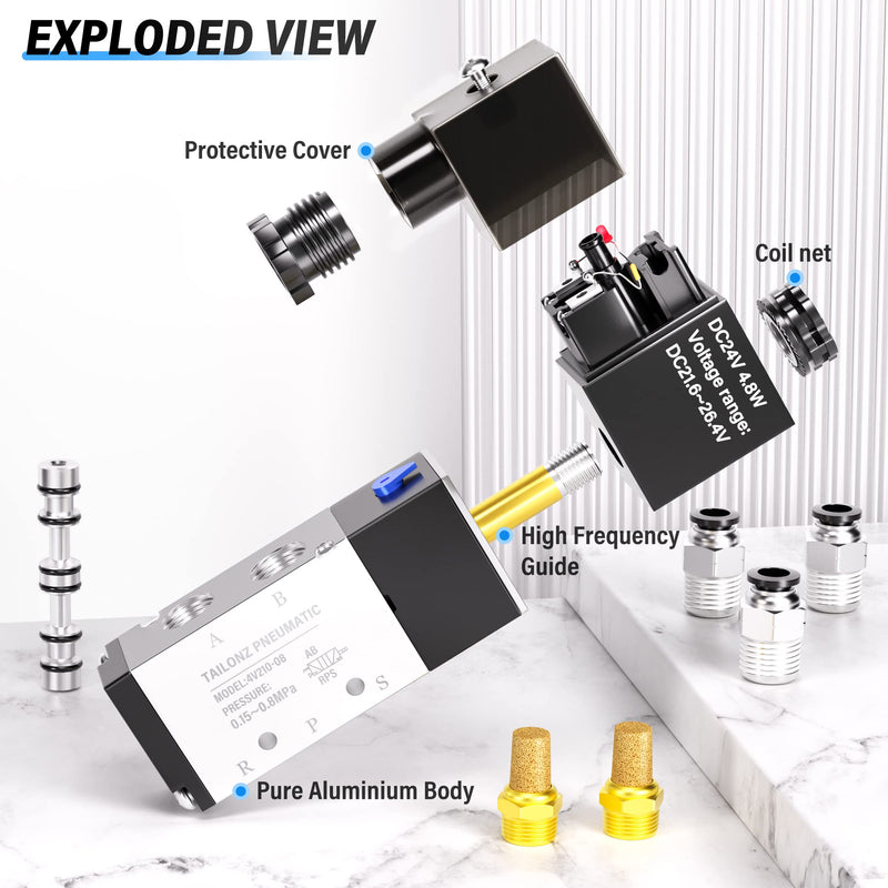 TAILONZ PNEUMATIC 1/4"NPT Solenoid Valve 4V210-08 DC24V Single Coil Pilot-Operated Electric 2 Position 5 Way Connection Type Junction Box 1/4"NPT/DC24V/Junction Box