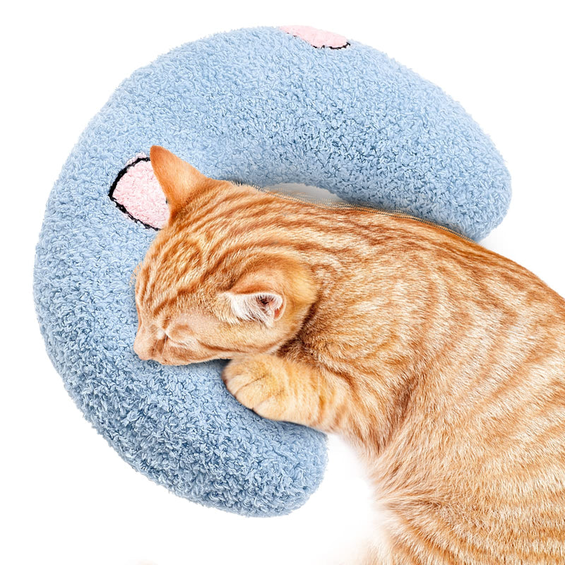 ucho Pillow for Cats, Soft Fluffy Cat Neck Pillow for Cat Bed, U-Shaped Pillow for Pet, Pet Calming Toy Half Donut Cuddler for Joint Relief Sleeping Improve Machine Washable- Blue