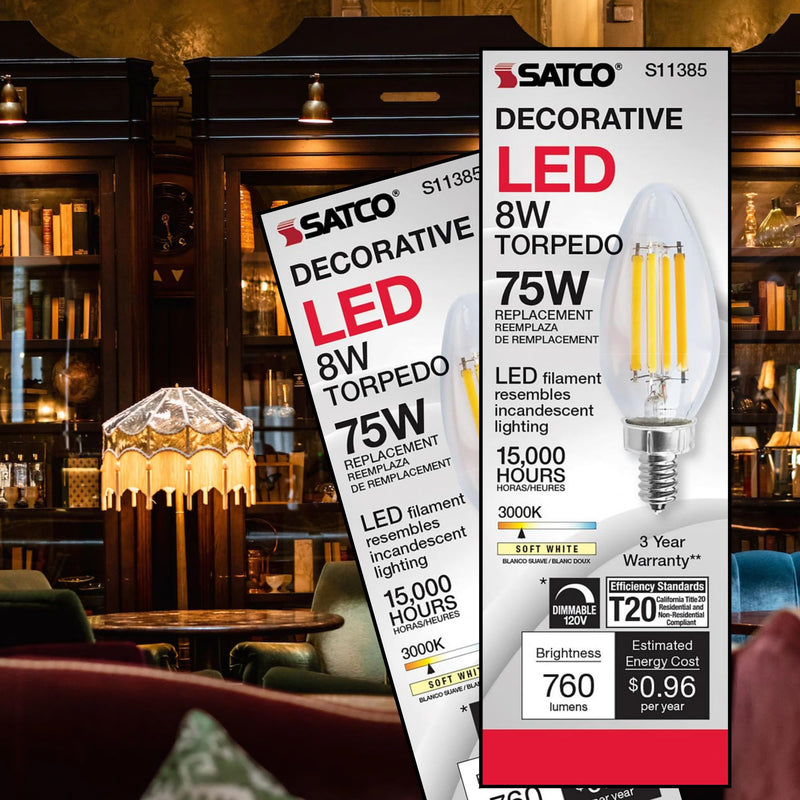 Satco S11385 8W C11 LED Filament Candle Bulb, 3000K Soft White, 760 Lumens, E12 Candelabra Base, Clear Finish, 90+ CRI, Dimmable, Energy-Efficient, for Chandeliers and Decorative Fixtures (6 Pack)