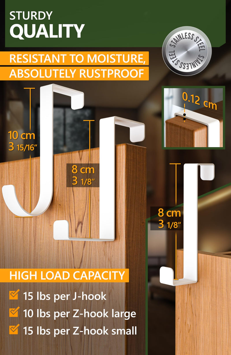 4smile Over The Door Hooks 6+2+2 Set, White - Coat Hanger 6 pcs fits 1 3/8" + Towel Holder 2 pcs fits up to 1 3/4" + Cabinet Hooks 2 pcs - 2-Sided Wreath Hanger with Anti-Scratch & Non-Slip Pads 10 pcs L 4" & 3"
