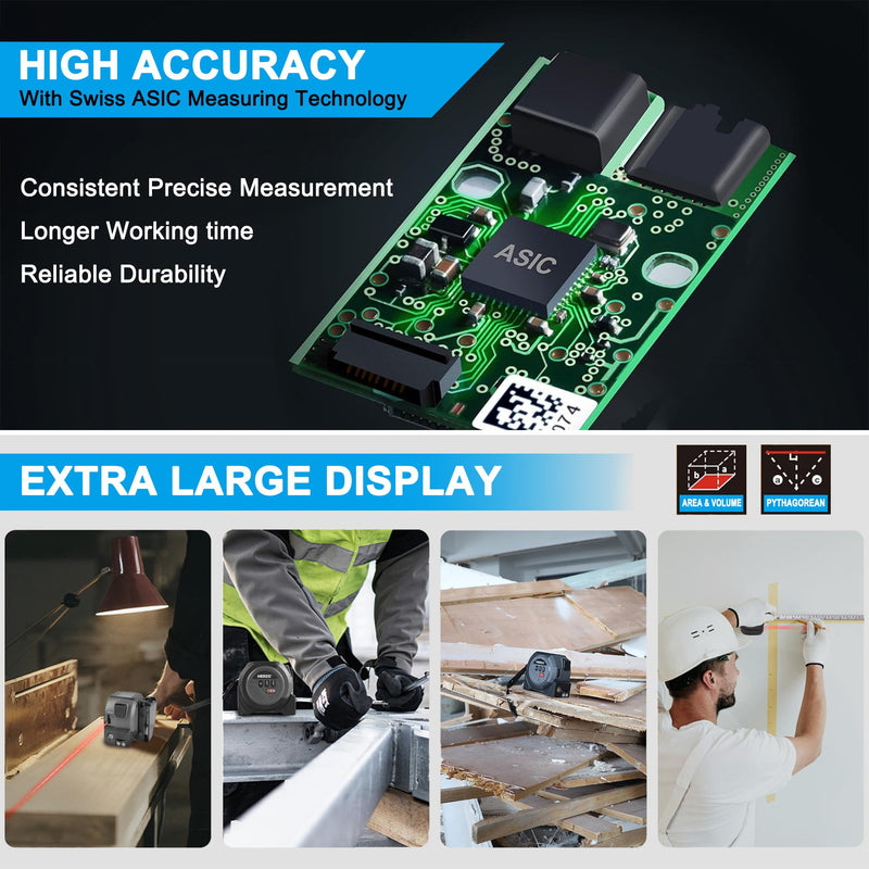 HERZO 2-in-1 Laser Tape Measure 135Ft/40m Laser Measurement Tool & 16Ft/5m Manual Measuring Tape Movable Hook Pythagorean, Area, Volume, Ft/Ft+in/in/M Unit-NOT Digital