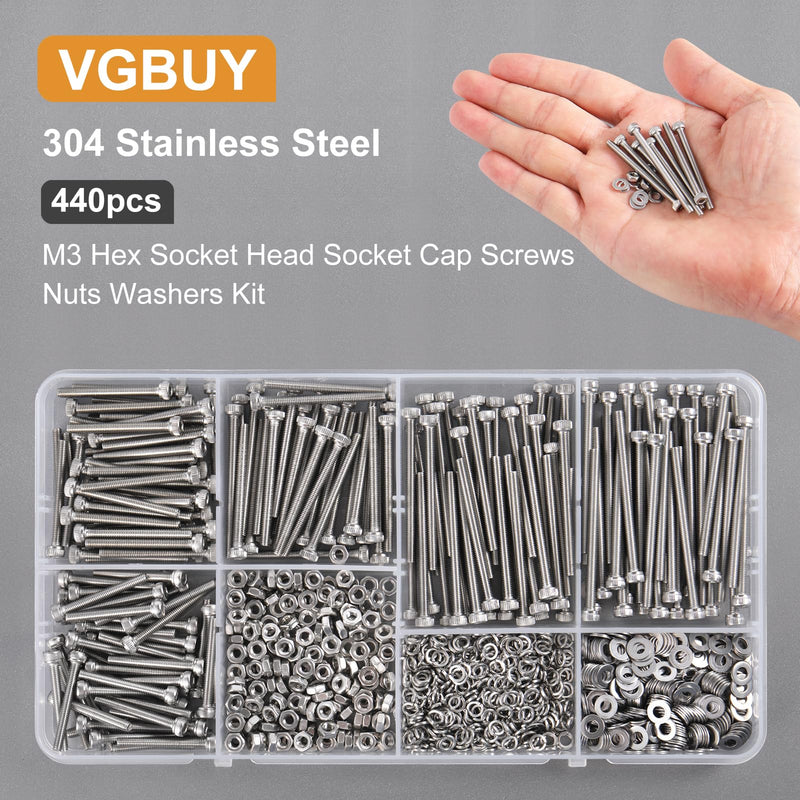 440pcs M3 Screw Assortment Kit, M3 x 25/30/35/40/45mm, M3 Screws Bolts for 3D Printer DIY, Hex Socket Head Cap Screws Bolts Nuts Washer Kit, 304 Stainless Steel M3x25/30/35/40/45mm