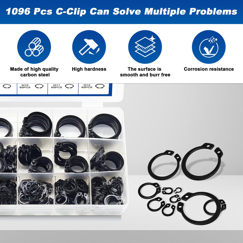 External Retaining Rings Assortment Kit, 1095 PCS Circlip Snap Retaining C-Clips Black Alloy Steel Rings and 1 PC Tweezers, Includes Sizes of M4-M28 1096pcs C-clip