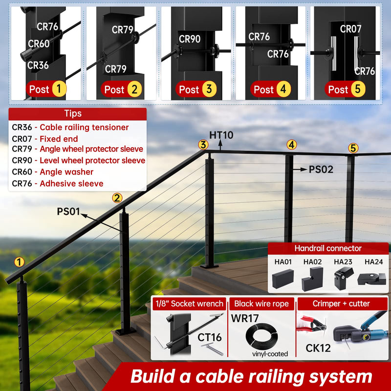 Muzata 40Pack Black Cable Railing Hardware Angle Protector Sleeve CR79 40P Black For Stairs