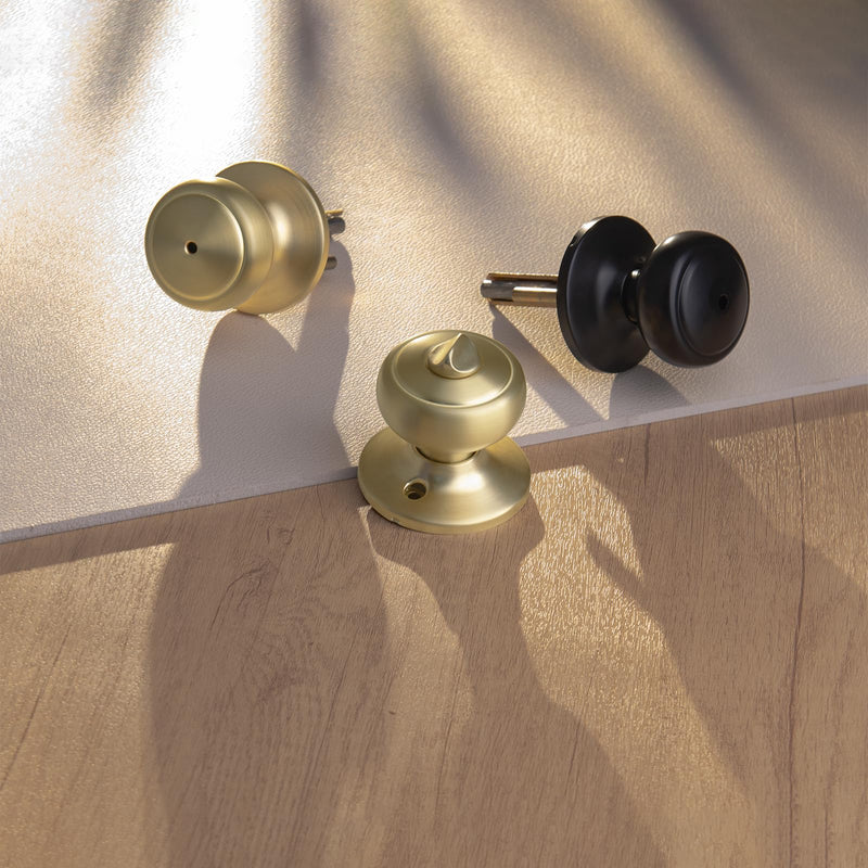 3 Pack Gold Door Knobs,Interior Door Knob with Lock,Coastal Style Satin Brass Door knob for Privacy and Bedroom 3