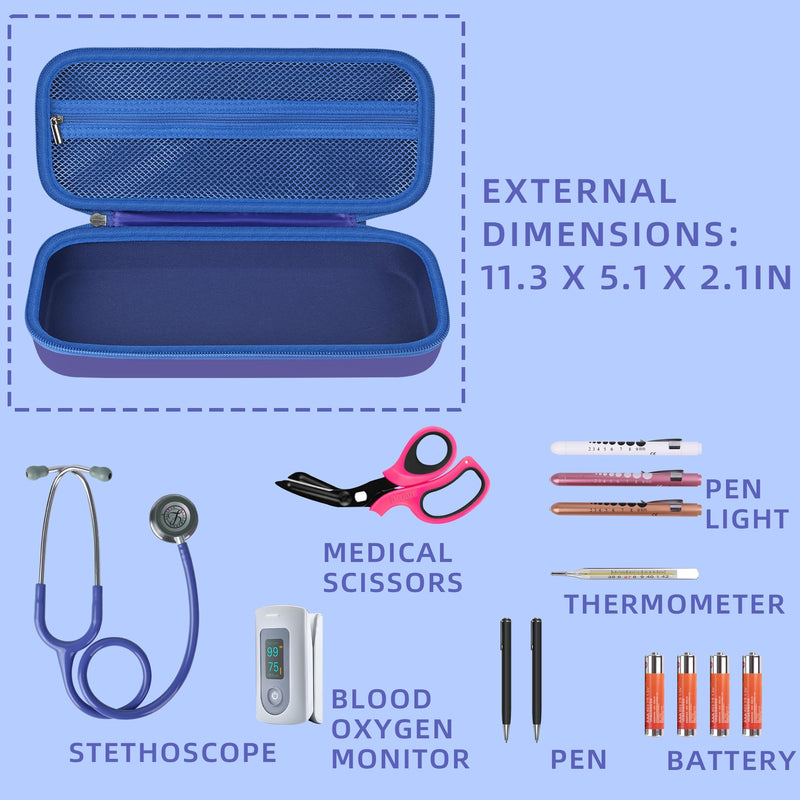 Portable Carrying Stethoscope Case Compatible with 3M Littmann Classic III, Lightweight II S.E, Cardiology, MDF, Hard Shell Case with Mesh Pocket for Accessories Medical Scissors Thermometer (Blue)
