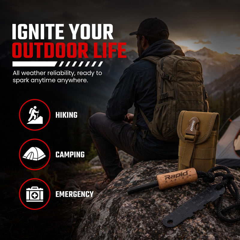 Rapid Radios Fire Starter Kit | Ferro Rod Fire Starter with Striker, Wax-Coated Tinder & Waterproof Storage | Survival Fire Starting Kit for Camping, Hiking, Hunting & Emergency Preparedness