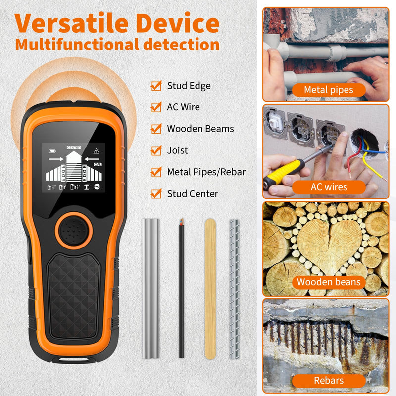 Stud Finder Wall Scanner, Advanced 5-in-1 Detector for Wood, Metal, Joists, Pipes, and AC Wires, Upgraded New version Intelligent Chip, High-Definition LCD Display Screen & Audible Alarm Orange