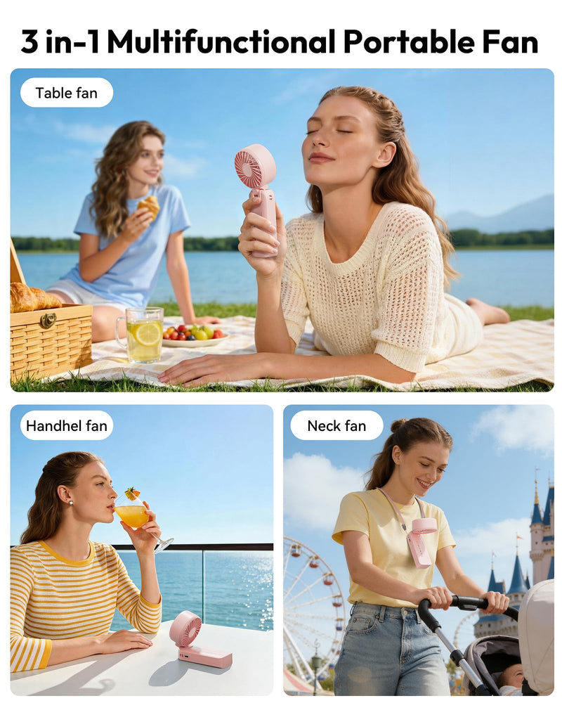 Gaiatop Portable Handheld Fan, Quiet 3 IN 1 Neck/Desk/Hand Fan Pink