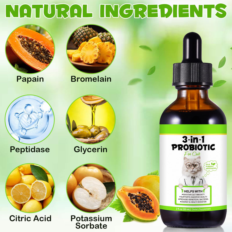 Probiotic for Cats, 3-in-1 Probiotics for Cats with Digestive Enzymes & Prebiotics, Supports Gut Health, Itchy Skin Relief, Allergies & Immunity, 60ml for All Ages