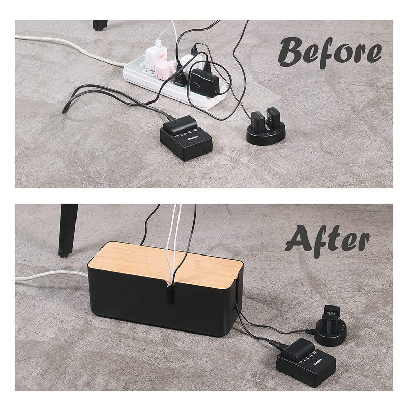 Changsuo Cable Management Box with Bamboo Lid Small Cable Organizer Box for Extension Cord Power Stripe Surge Protector Wire Management Concealer Organizer Cover Hider (Black) Black