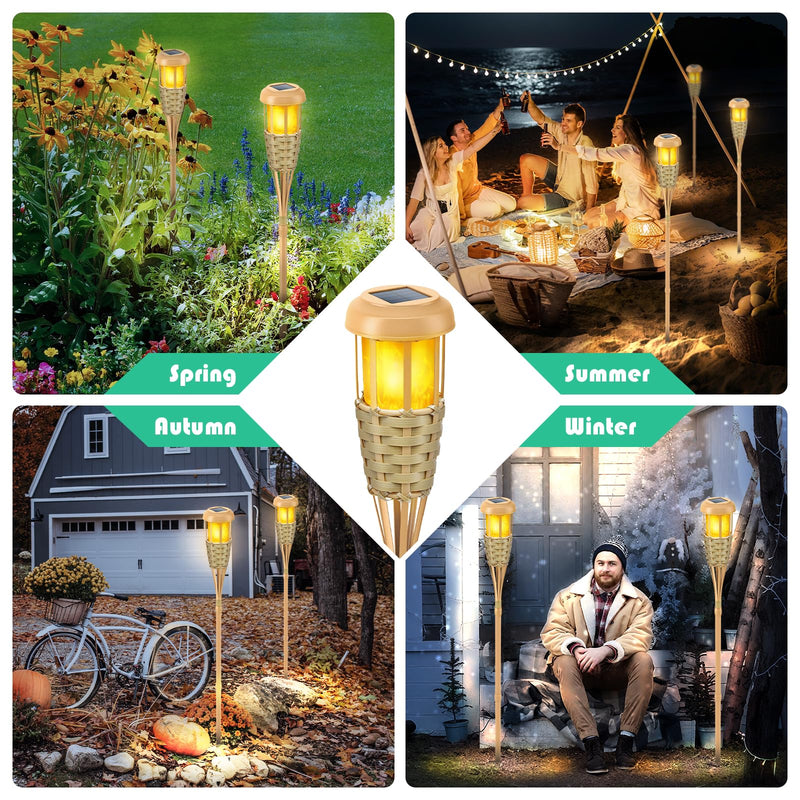 Flickering Flames Solar Powered Lights - Upgraded Solar Torches Waterproof Outdoor Decorative Lighting Auto On/Off, Handmade Bamboo Finish, 2-Pack Classic Yellow-2 Pack
