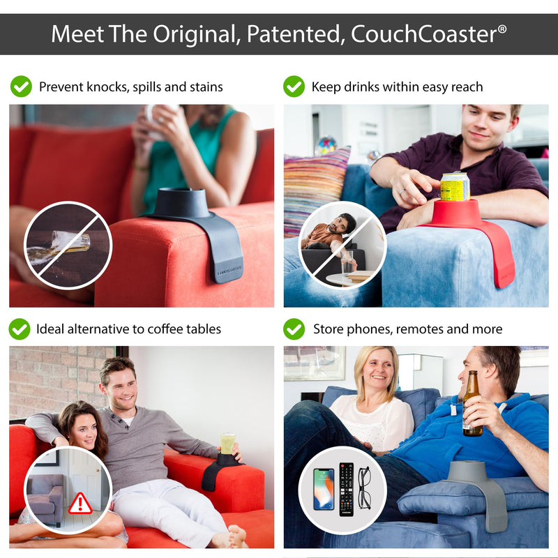 HIT PRODUCTS CouchCoaster® - Original & Patented Armrest Couch Cup Holder, Jet Black - A Weighted, Silicone, Anti Slip Coaster Stops Spills On Your Sofa, Armchair Or Recliner & Keeps Drinks in Reach
