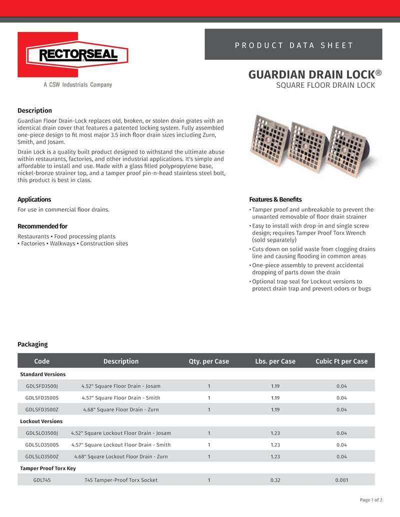 RectorSeal Guardian Drain Lock GDLSFD3500S Square Floor Drain Replacement Lock, 3.5 Inch