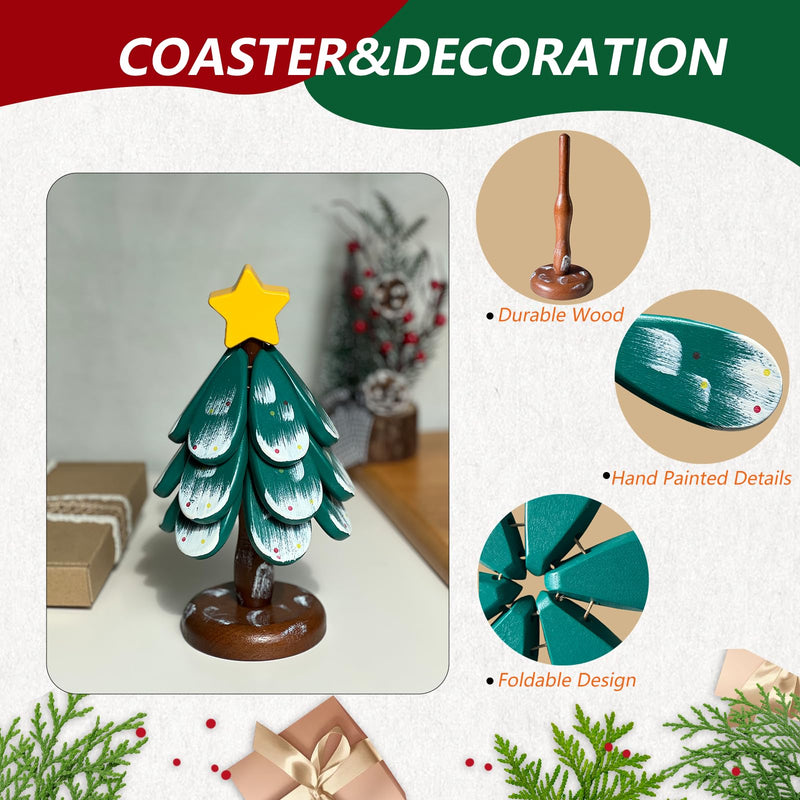 Christmas Tree Shaped Coasters and Trivet Set, 3-Piece Folding Wooden Mat for Drinks,Plates,Pots,Automatic Unfolding Design Table Protection Coasters Practical Gift Idea for Christmas